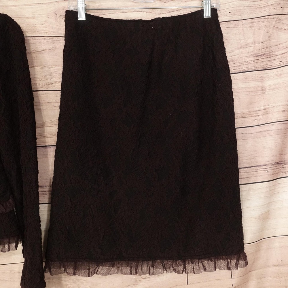 Rickie Freeman Teri Jon Skirt Suit Womens 8 Brown Lace 2 Piece Ruffle Trim - Picture 3 of 13